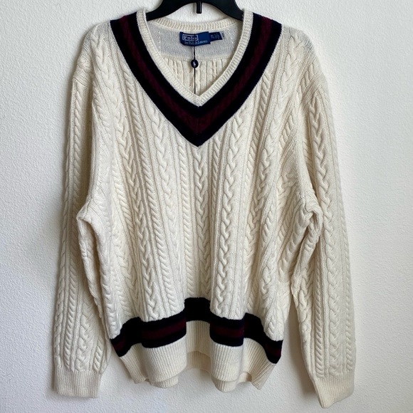 New!🍁Polo Ralph Lauren Cable Knit Alpaca Wool V-Neck Jumper Varsity Sweater XXL - Picture 5 of 15